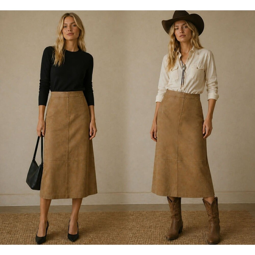 Tan Leather Midi Skirt sz. 8 Medium Women's Minimalist or Western Casual Career